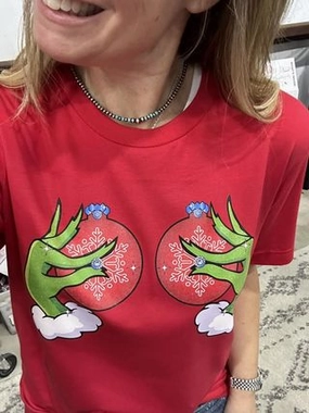Christmas Grouch Bejeweled Boobs Graphic Tee Stretch Comfort