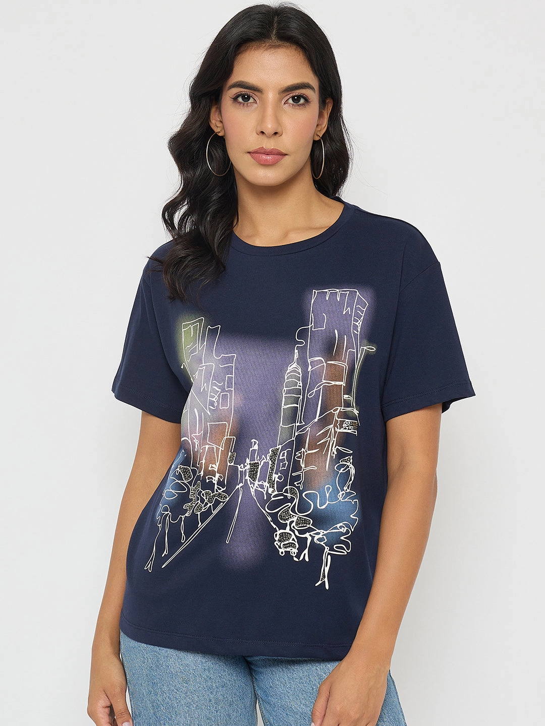 Madame Graphic Print Navy Blue Cotton T-shirt BlendMaterials