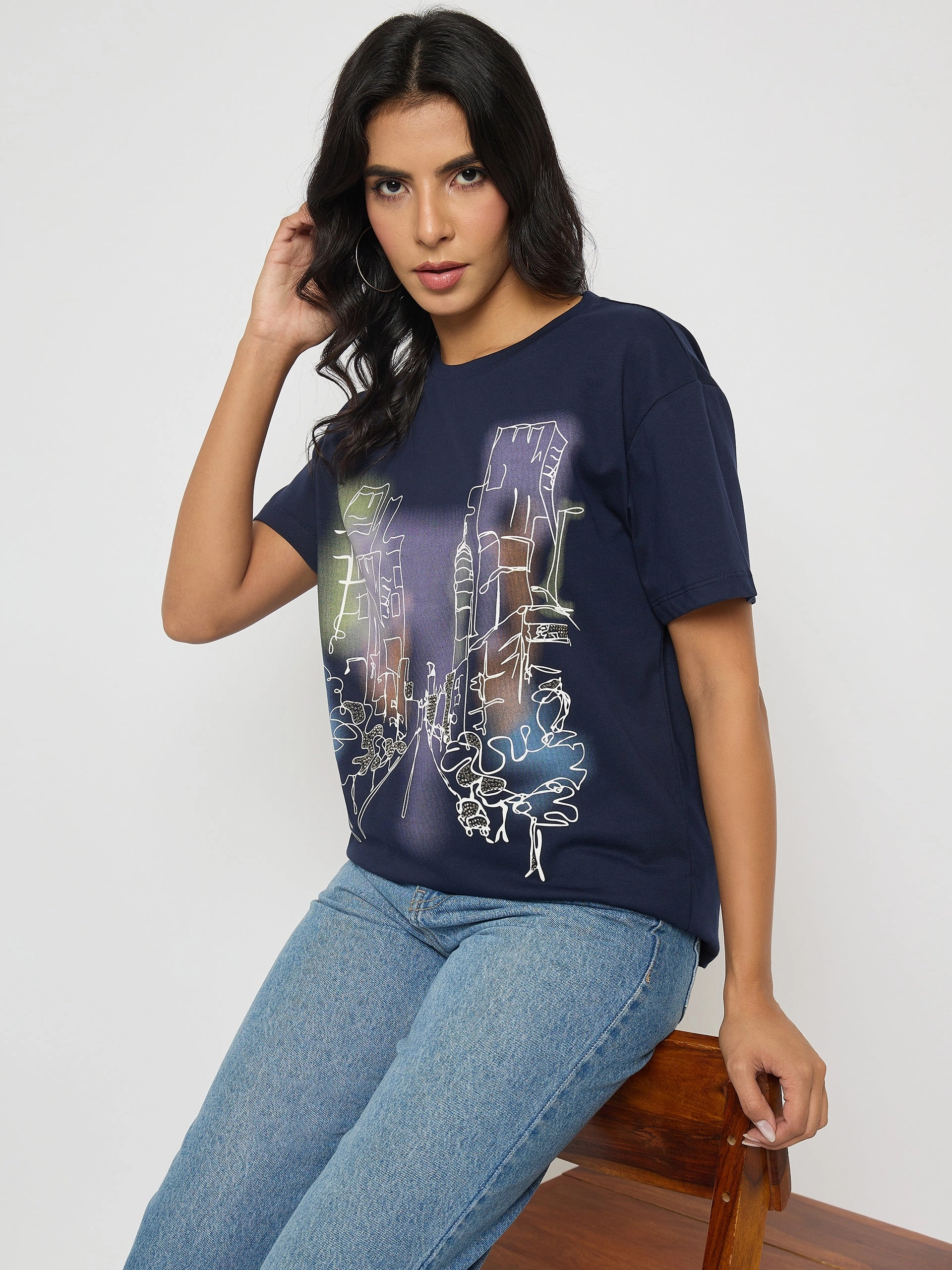 Madame Graphic Print Navy Blue Cotton T-shirt Durable Double Stitching ZeroWasteProduction