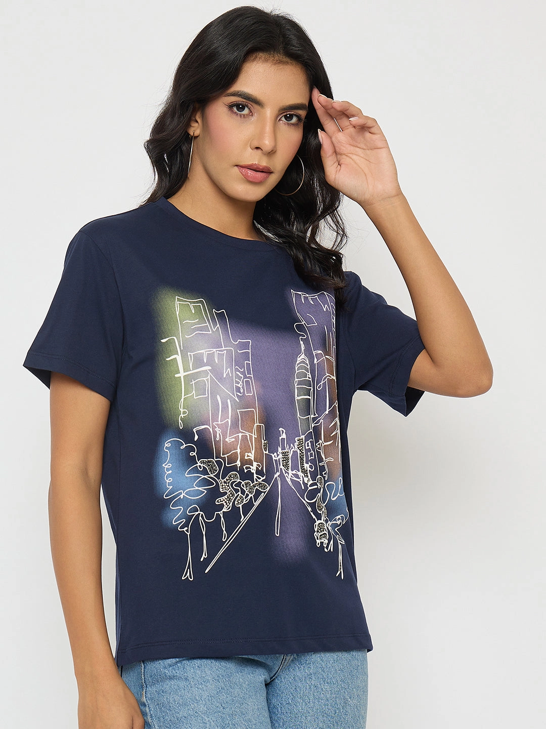 Madame Graphic Print Navy Blue Cotton T-shirt WrinkleResistantWeave