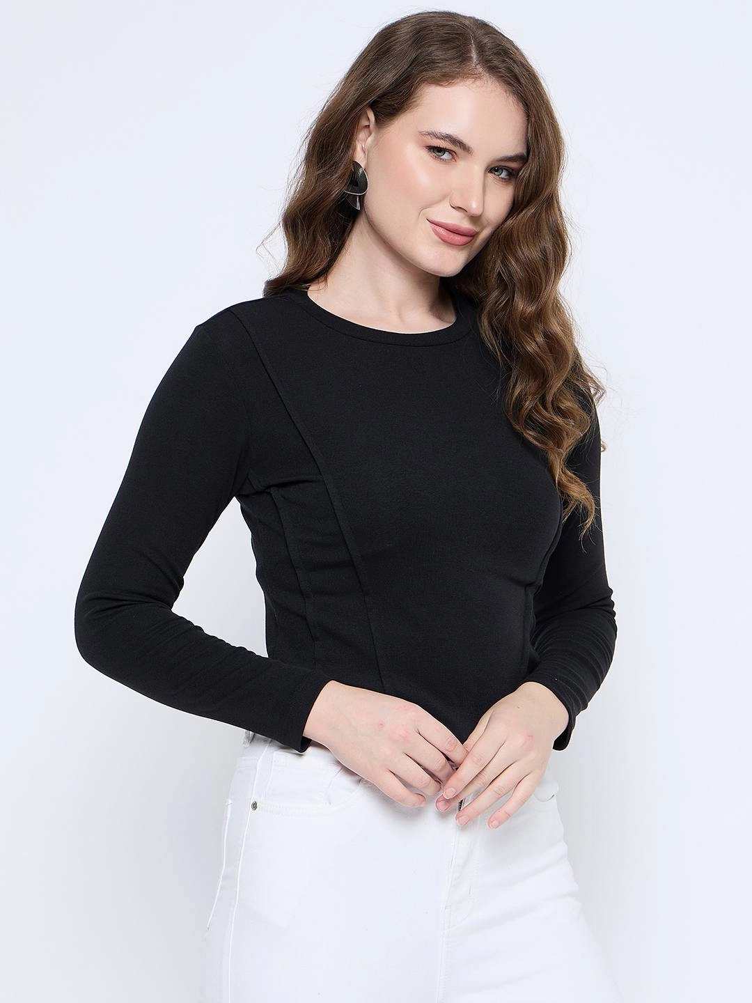 SeamlessSidePanels StainResistantFinish Madame Corset Body Stitch Line Detailed Solid Black Ribbed Crop Top