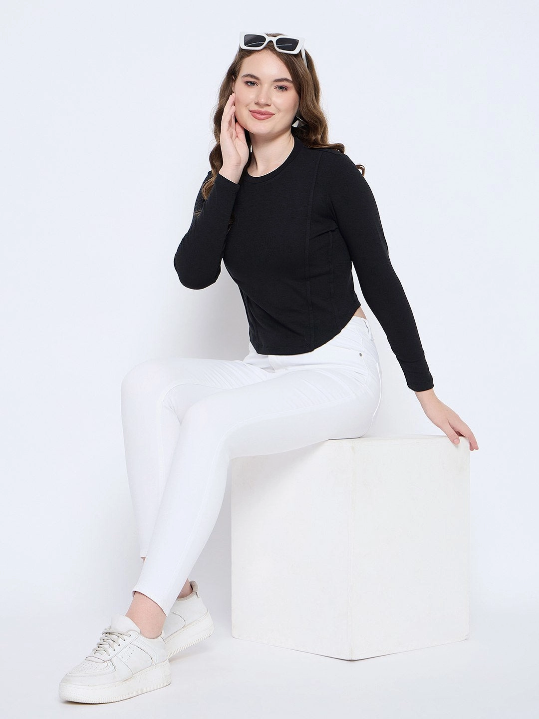 Madame Corset Body Stitch Line Detailed Solid Black Ribbed Crop Top NonFadeFinish NonRestrictive Cut