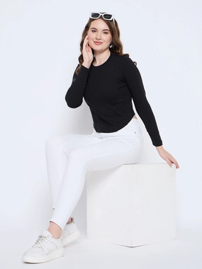 Madame Corset Body Stitch Line Detailed Solid Black Ribbed Crop Top NonFadeFinish NonRestrictive Cut