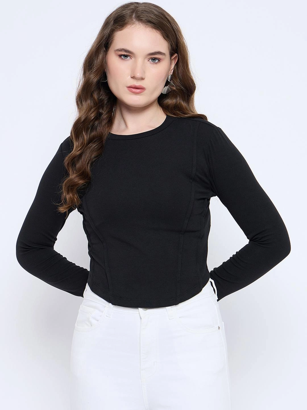 Madame Corset Body Stitch Line Detailed Solid Black Ribbed Crop Top YarnDye Technique