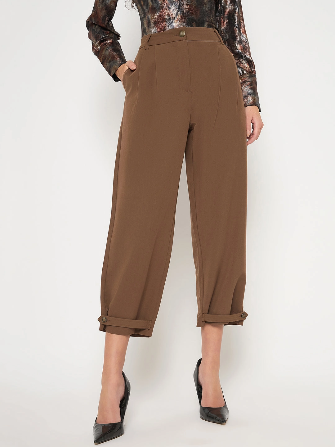 Madame Buckled Hem Warm Tan Rayon Blend Trousers Cool Weather Flexible Cut