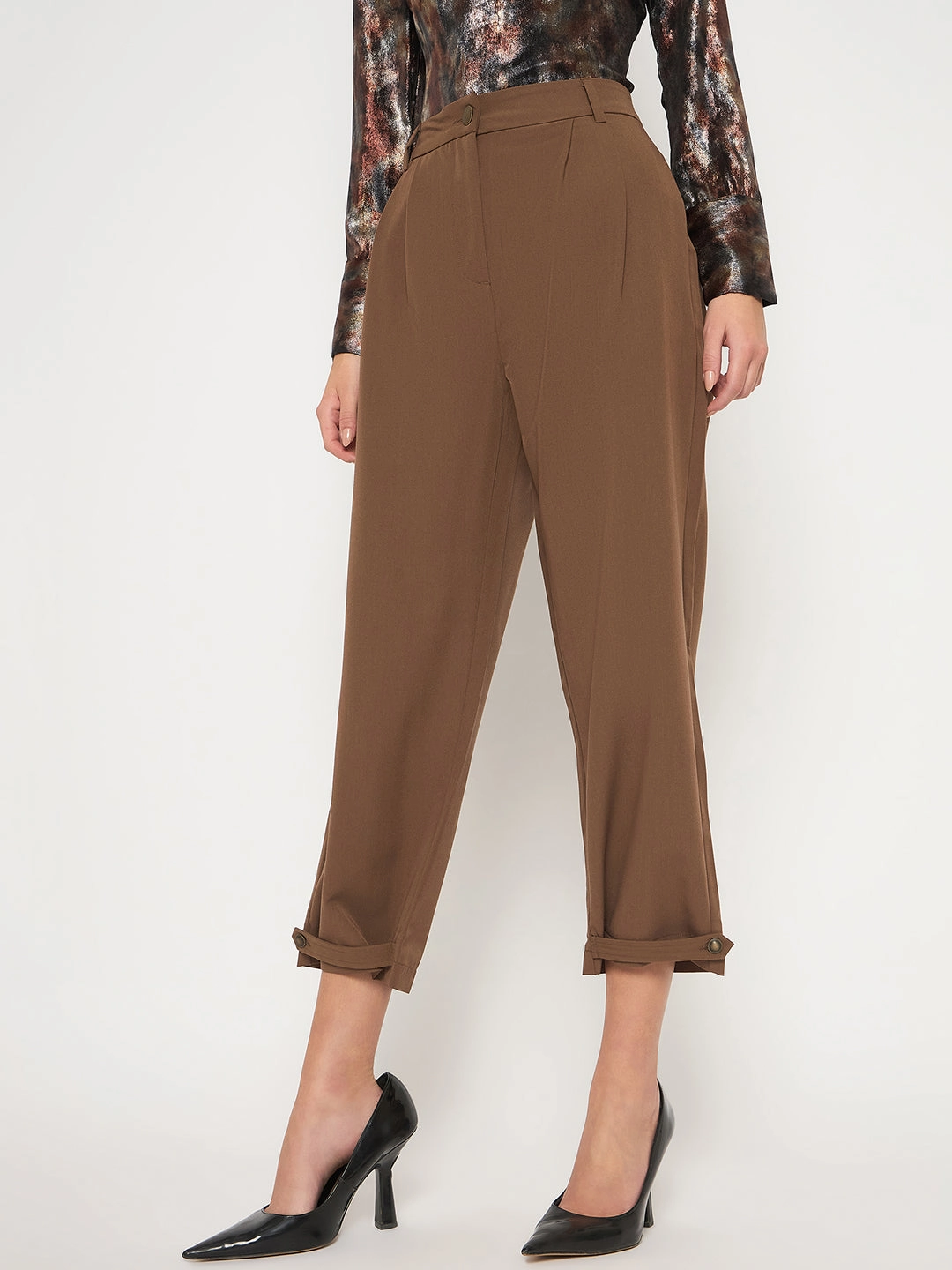 Anti Pilling Treatment Madame Buckled Hem Warm Tan Rayon Blend Trousers
