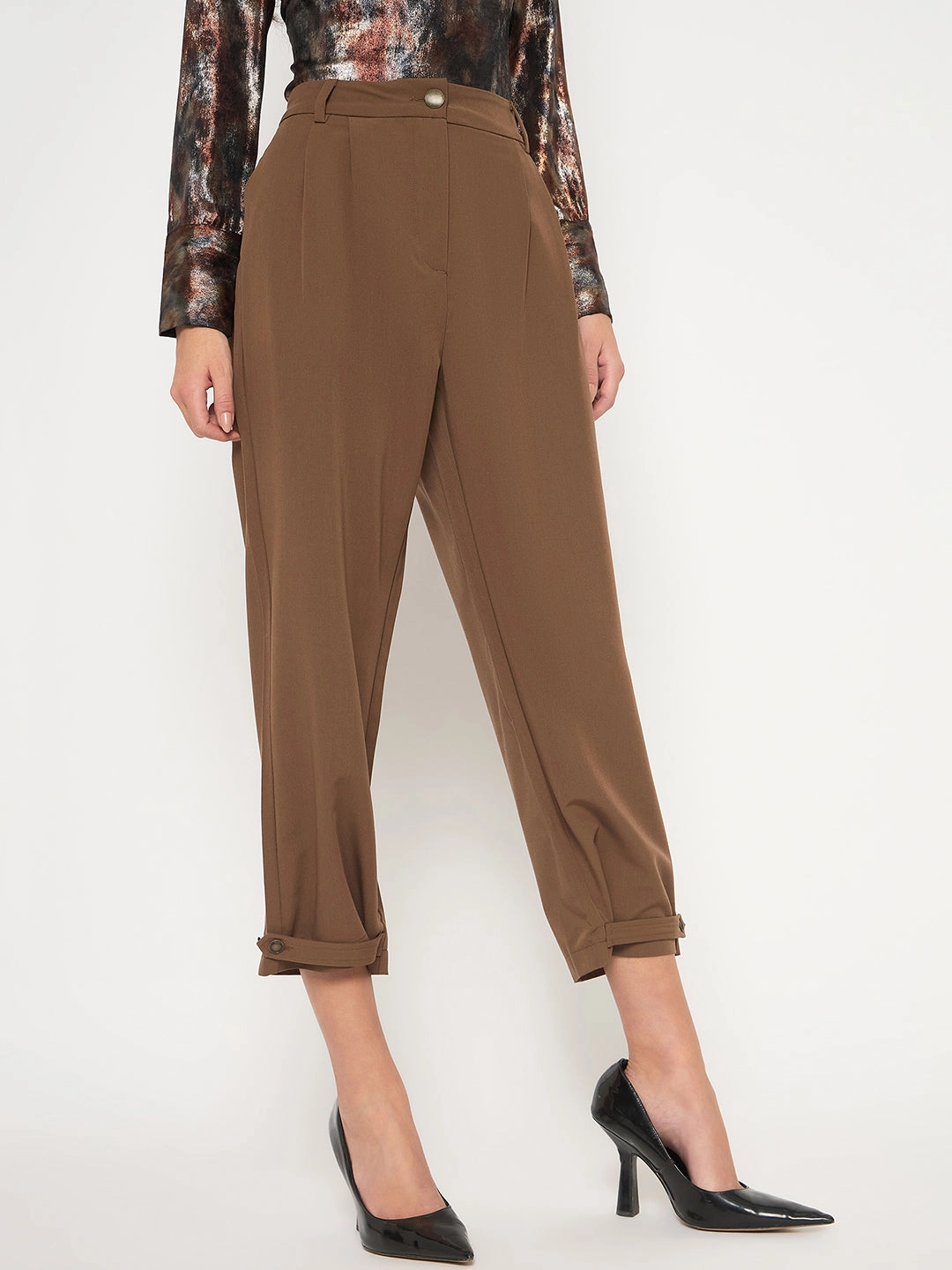 Recycled Polyester Sporty Appeal Madame Buckled Hem Warm Tan Rayon Blend Trousers