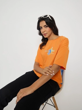 Sporty Top Soft Cotton Madame Front and Back Graphic Print Orange Cotton T-Shirt