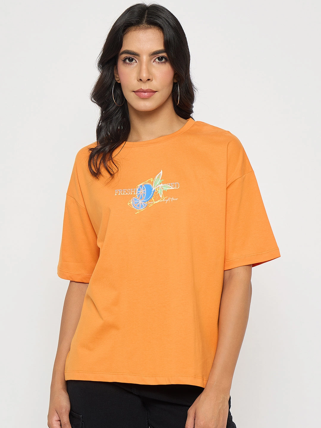 DurableStitching Madame Front and Back Graphic Print Orange Cotton T-Shirt