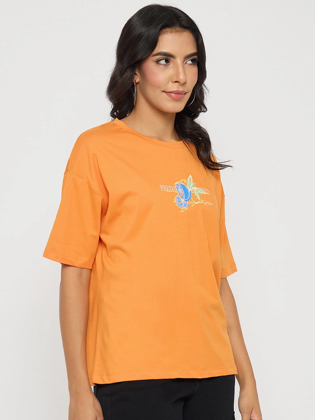 Madame Front and Back Graphic Print Orange Cotton T-Shirt ConvertibleSleeves EasyCareMaterial