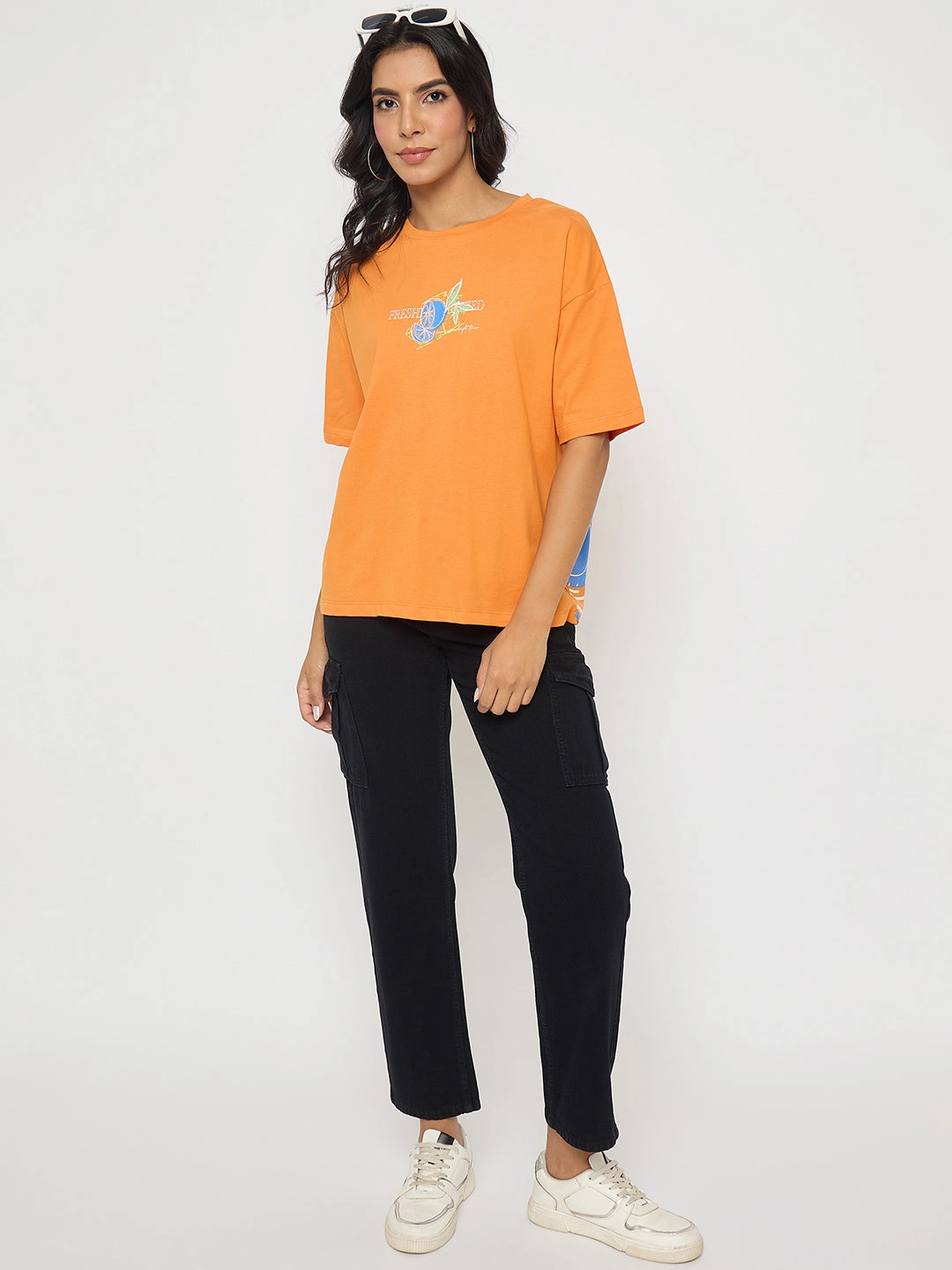 Madame Front and Back Graphic Print Orange Cotton T-Shirt AbrasionResistant ColorfastMaterial