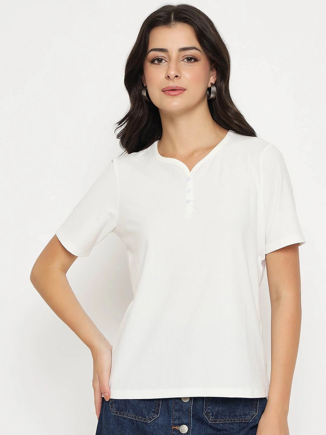 Madame Henley Neck Solid White T-Shirt VentilatedMesh