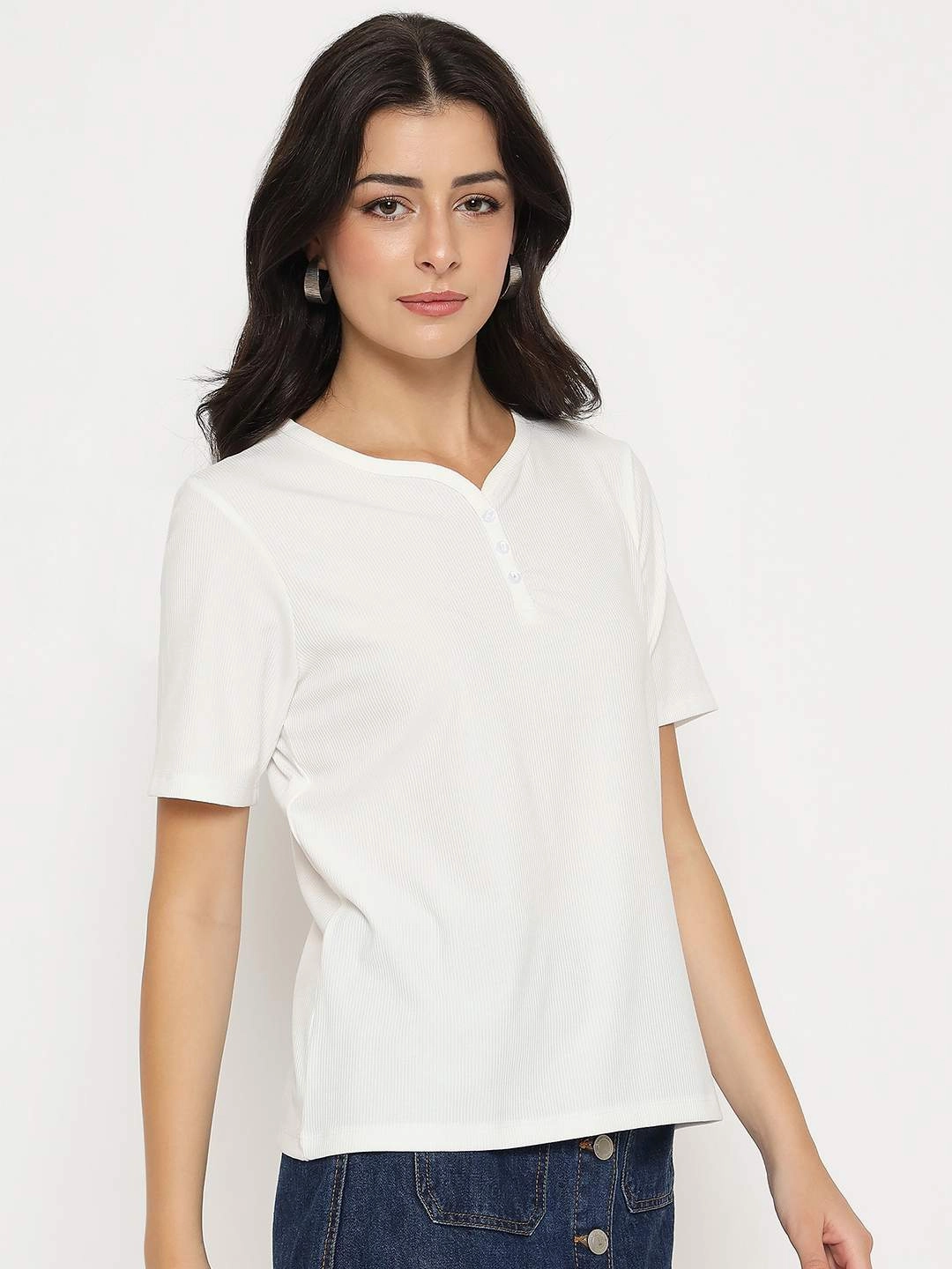Madame Henley Neck Solid White T-Shirt Durable Weave Ribbed Trim