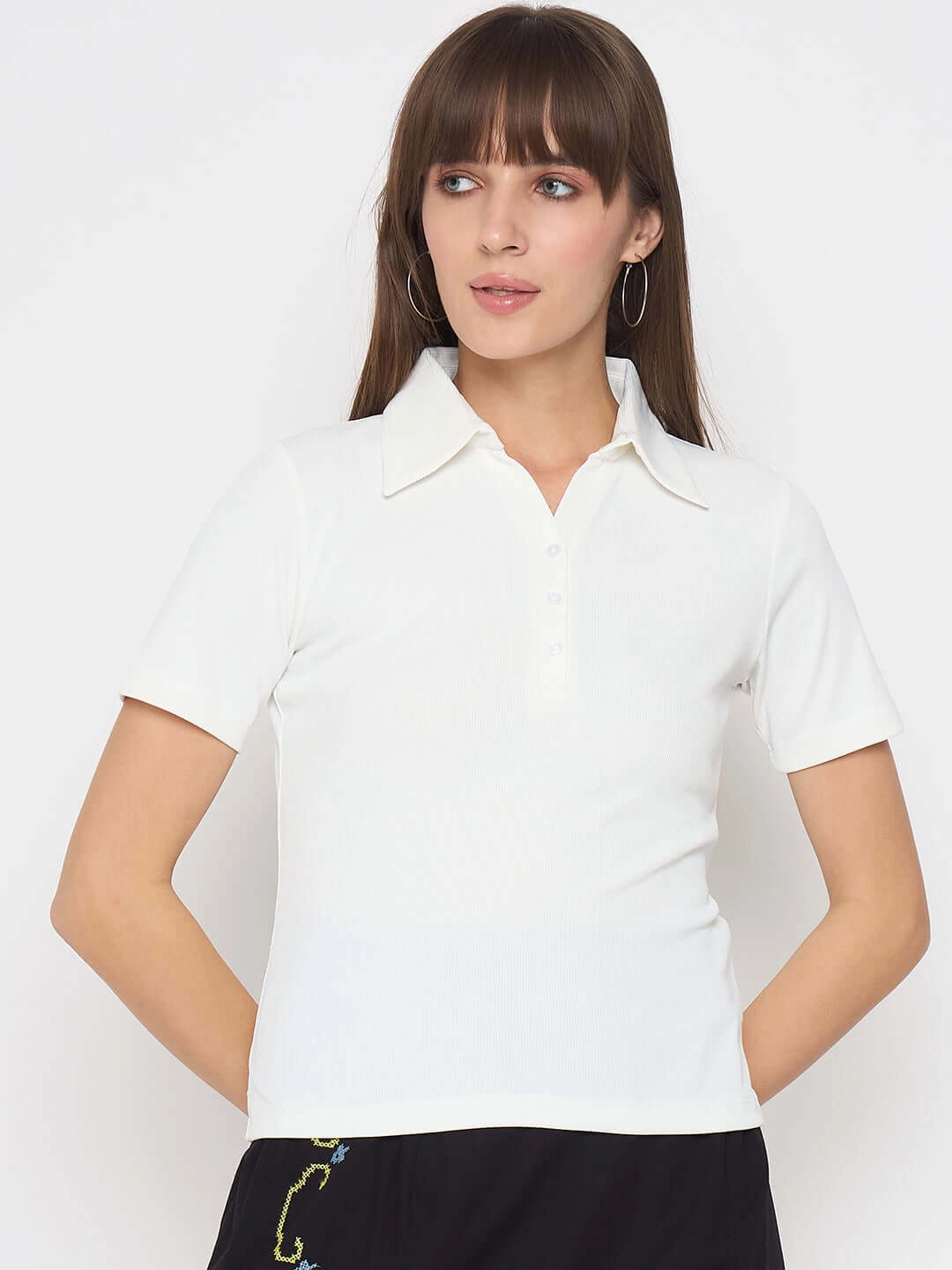 Neutral Tone Stitching AthleisureReady Madame Pique Solid White Polo T-shirt