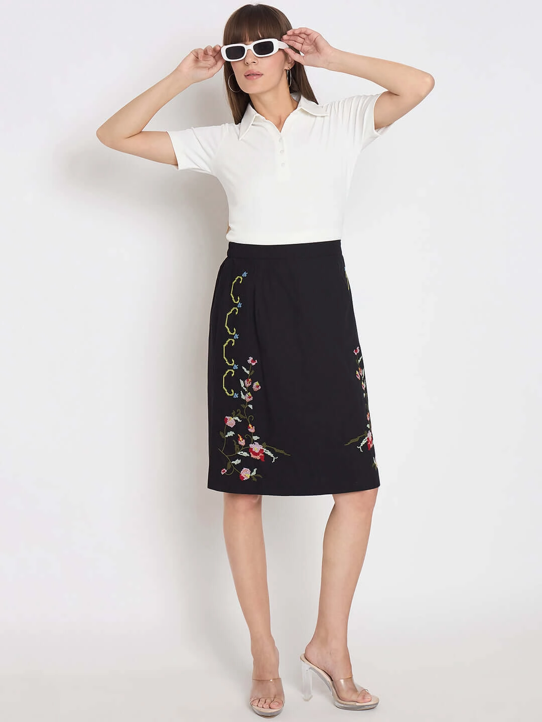 Madame Pique Solid White Polo T-shirt Ribbed Trims Self Fabric Tie Closure