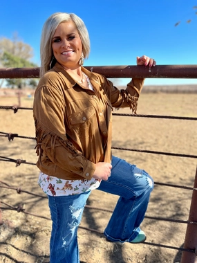 PLUS Camel Faux Suede Fringe Jacket-* Double Layered Hood Assembly