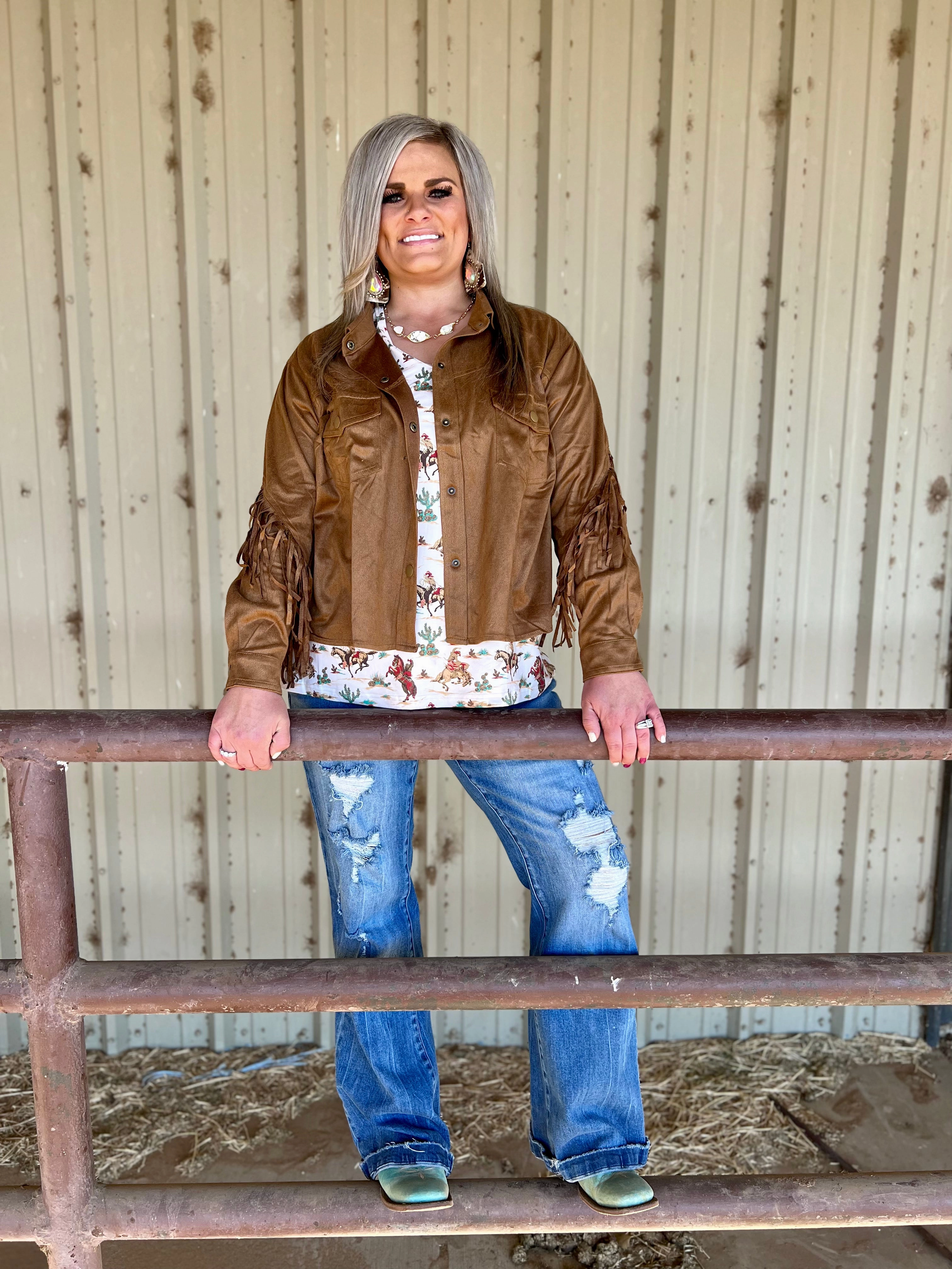 Zero Waste Production Label Ribbed Trims PLUS Camel Faux Suede Fringe Jacket-*