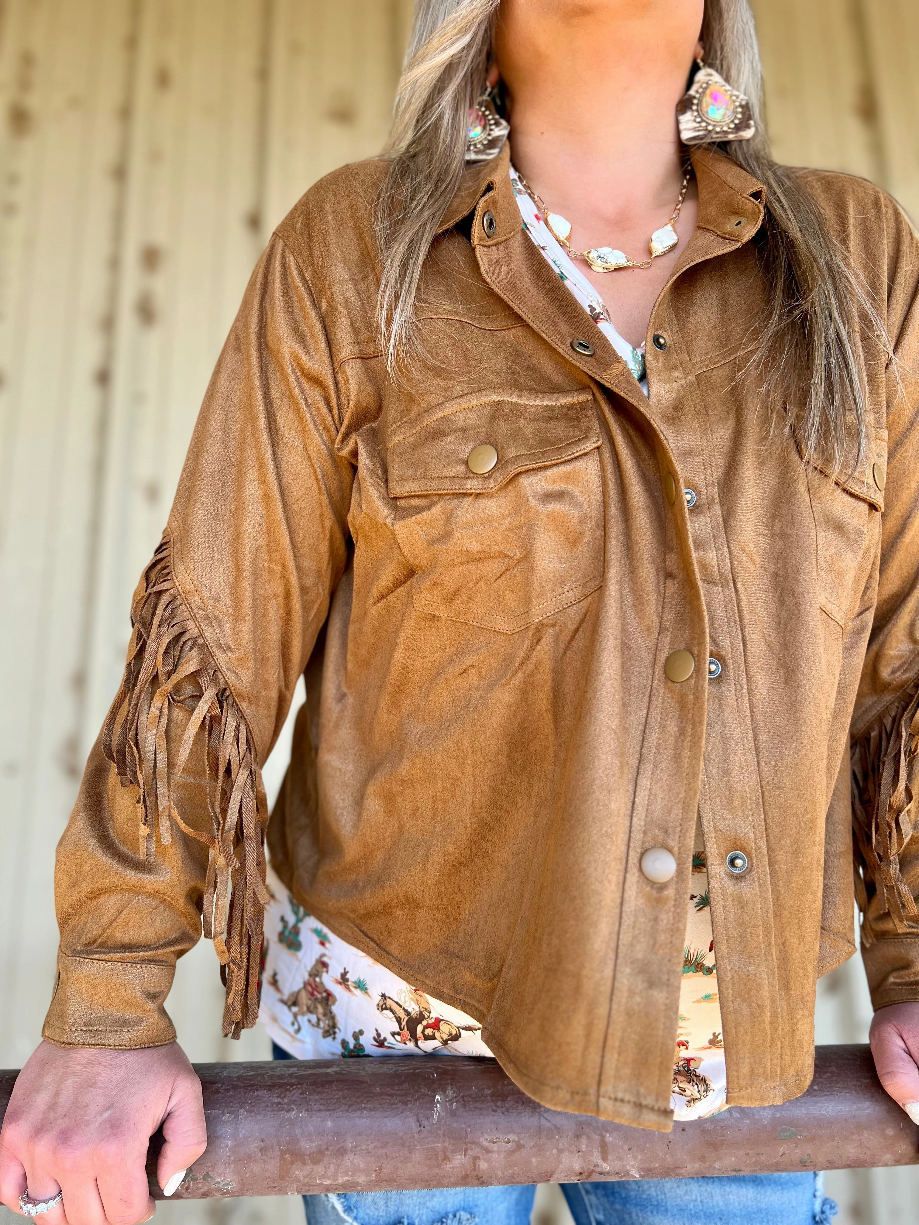 FadeResistant Finish PLUS Camel Faux Suede Fringe Jacket-*