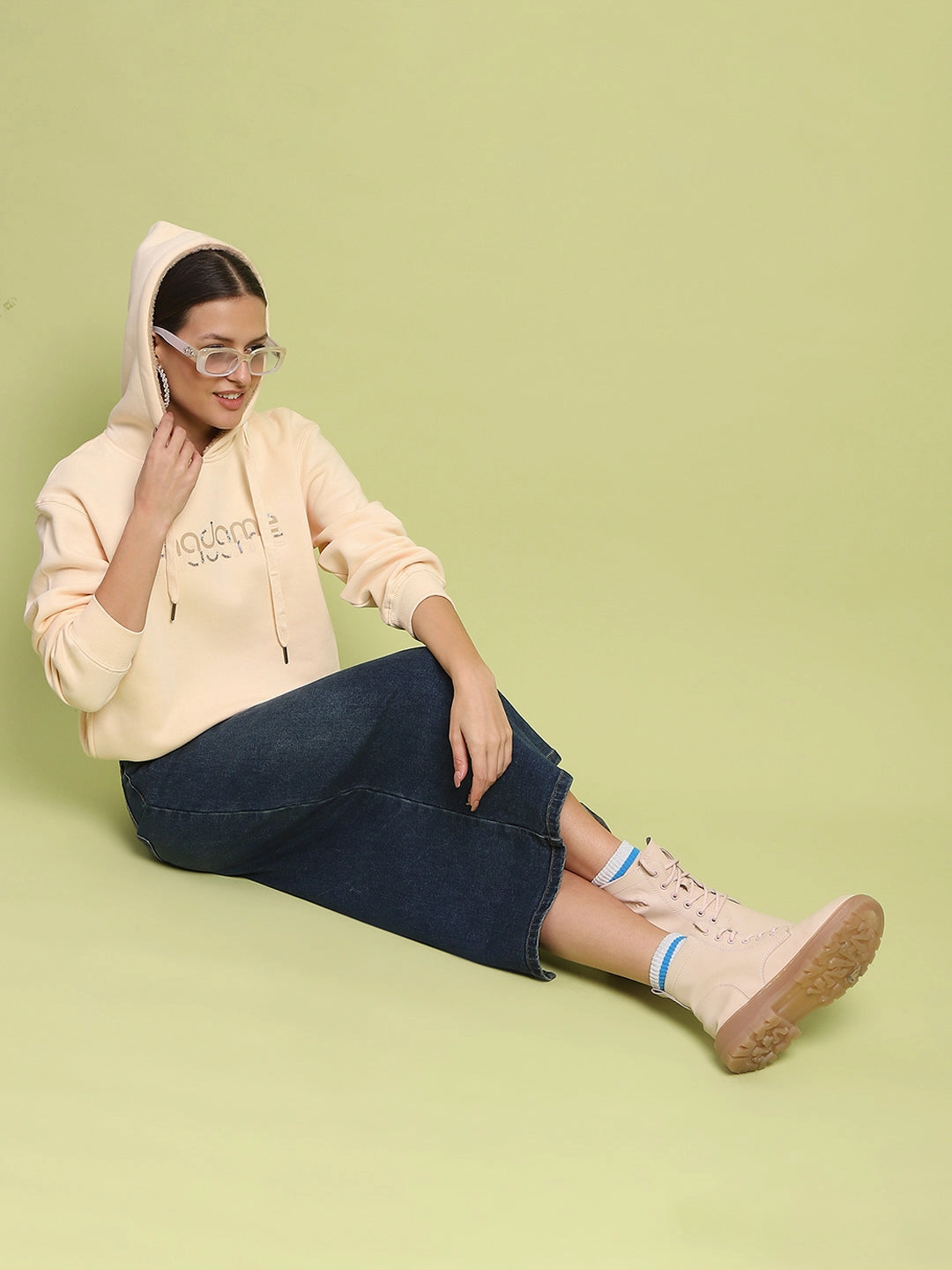 Madame Typography Print Hooded Beige Cotton Sweatshirt Cozy Basics