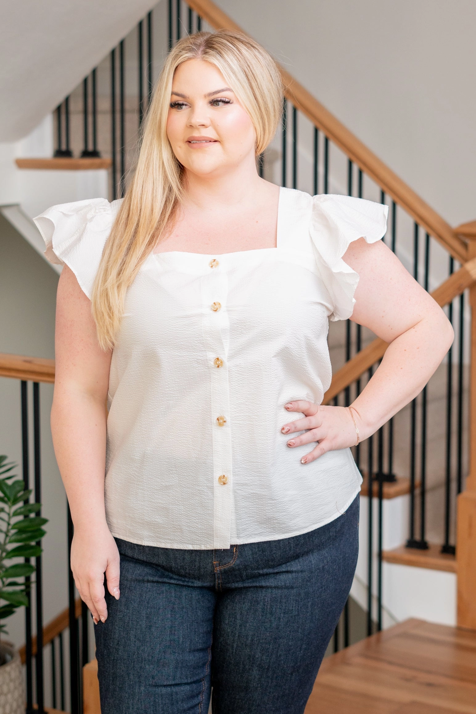 Sleek Silhouette Sports Ready Plus Size Button Up Top - White