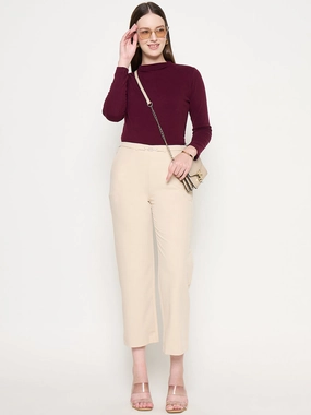 Madame Funnel Neck Full Sleeve Seam Detailed Solid Maroon Knitted Top OversizedFit High Durability Material