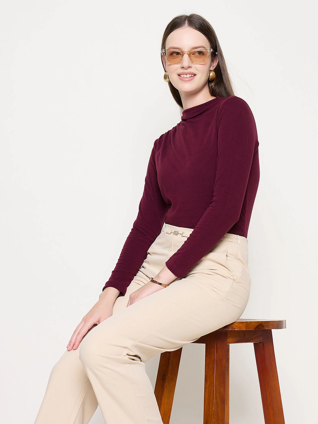 Madame Funnel Neck Full Sleeve Seam Detailed Solid Maroon Knitted Top Non Irritating Seams QuickDryTechnology
