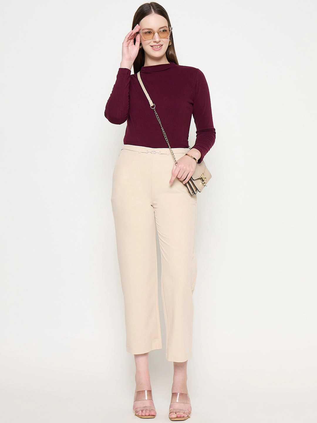 Madame Funnel Neck Full Sleeve Seam Detailed Solid Maroon Knitted Top OversizedFit High Durability Material