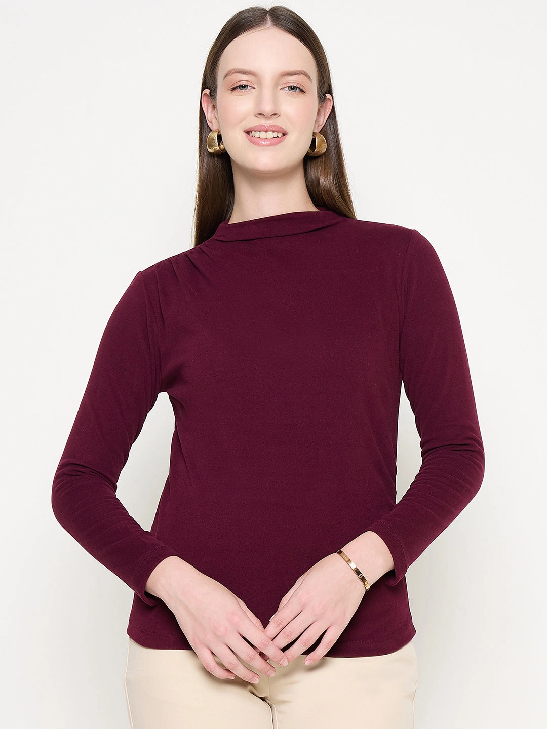 Snag Resistant Fabric Madame Funnel Neck Full Sleeve Seam Detailed Solid Maroon Knitted Top