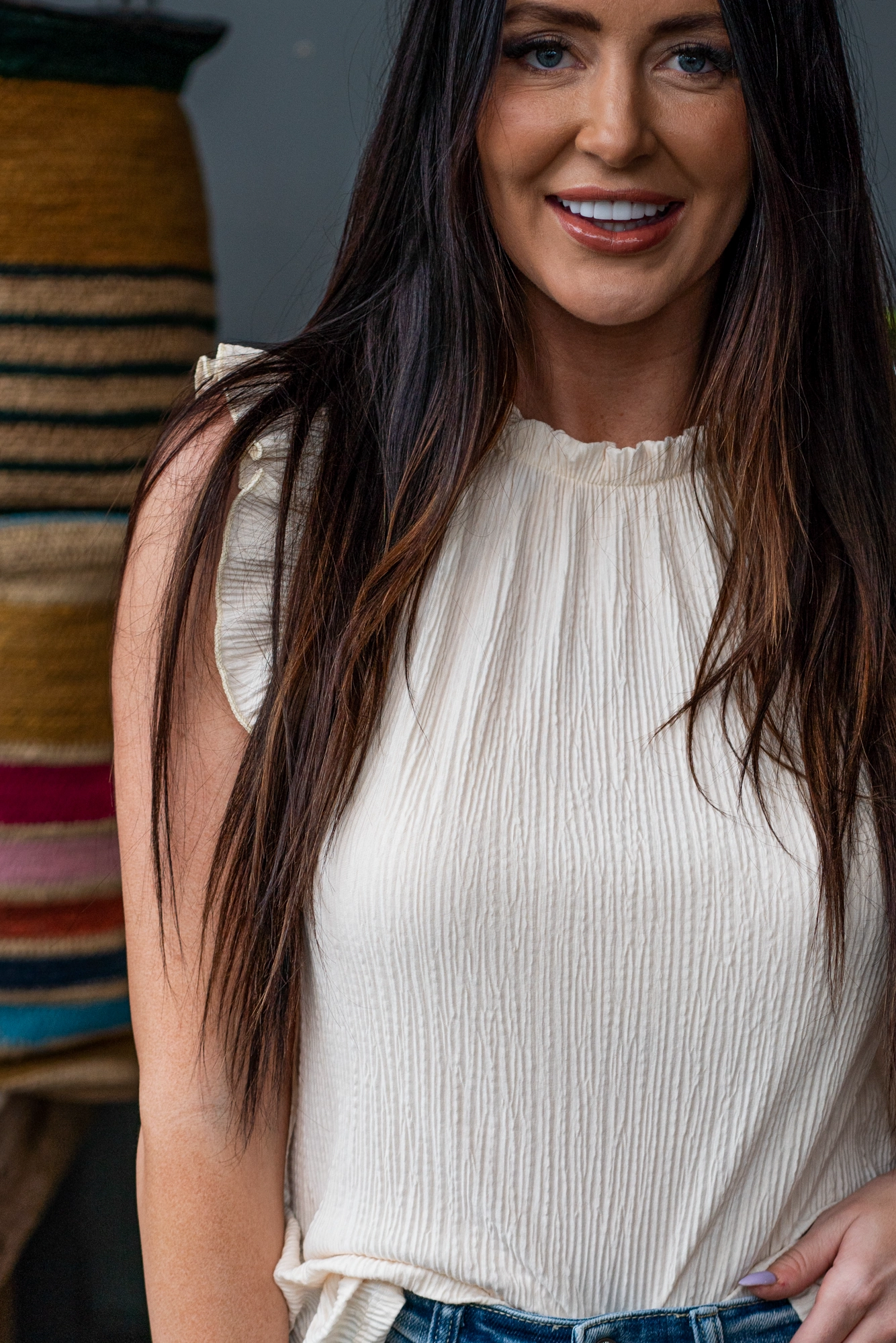 Lisa Sleeveless Ruffle Neck Top Petite Cut