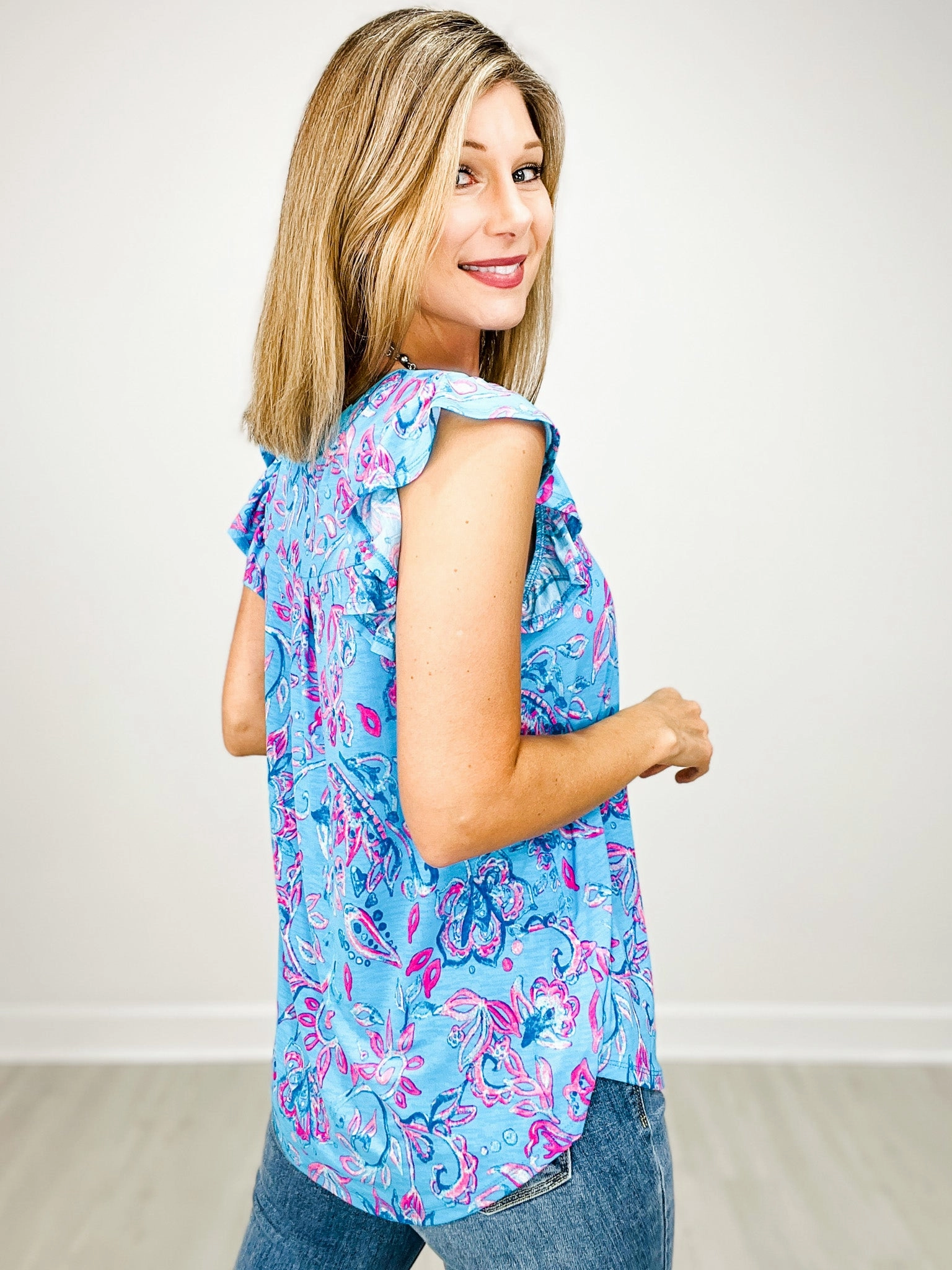 Lizzy Flutter Sleeve Tank with Mandarin Collar and Back Pleats Double Layered Hem Reinforcement