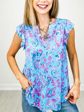 LaserCutVents Lizzy Flutter Sleeve Tank with Mandarin Collar and Back Pleats