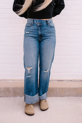 Logan High Waist Crossover Dad Jean | Medium Dark Functional Waistband