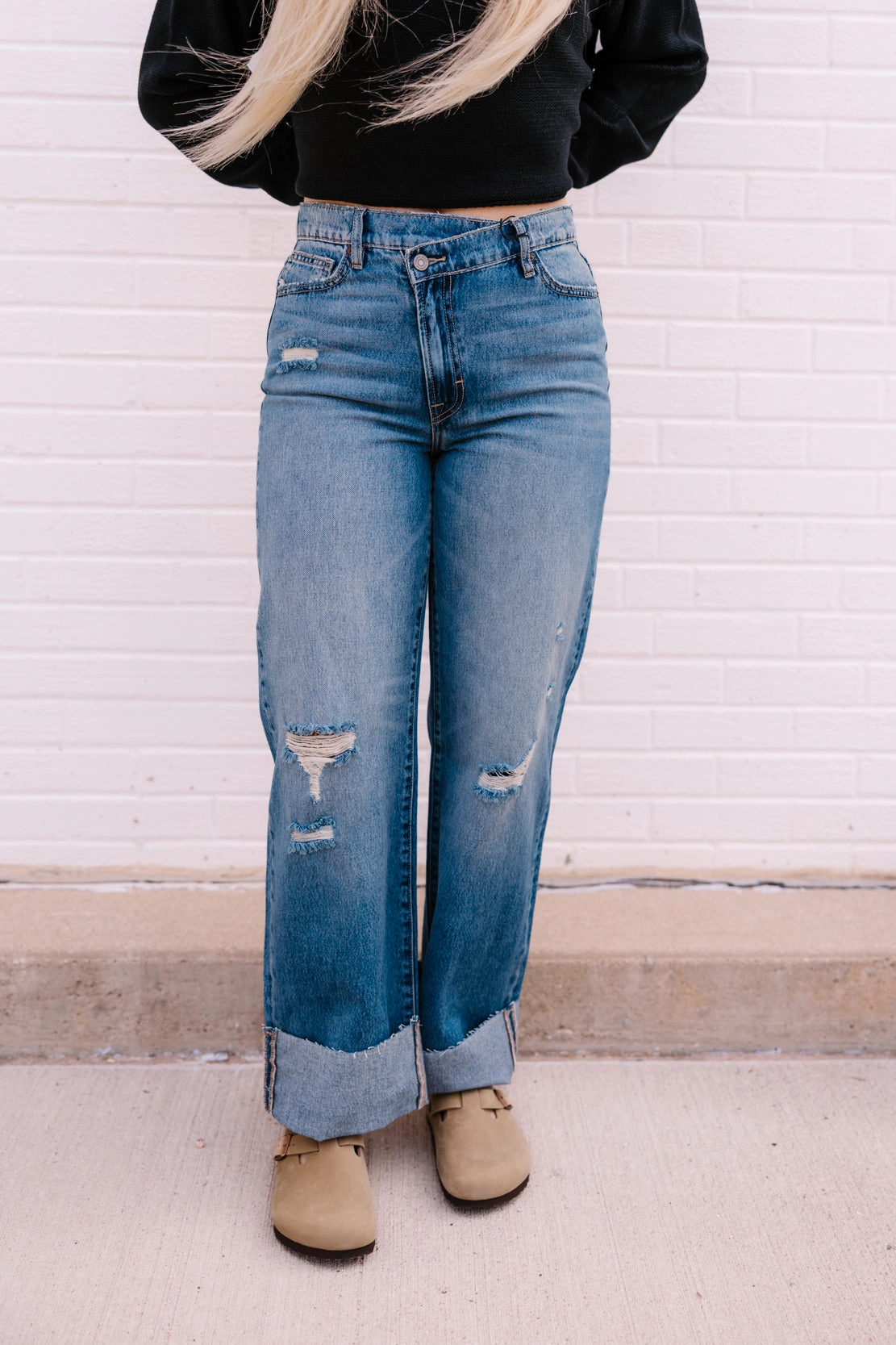 Logan High Waist Crossover Dad Jean | Medium Dark Artist Vibe Durable Nature Lover Outdoor Adventure Autumn Days