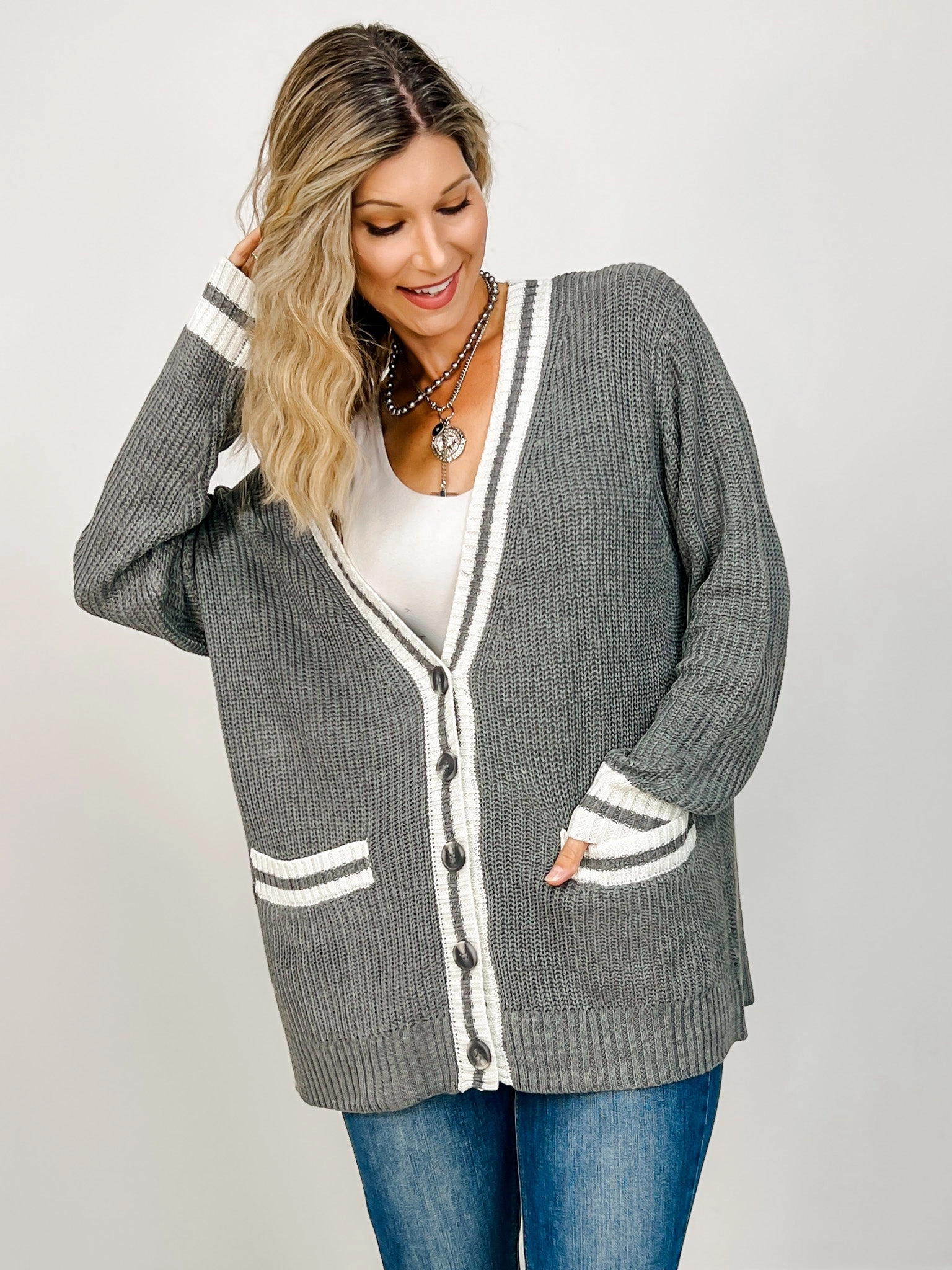Eco Friendly Yarn Blend Static Reducing Finish Long Sleeve Solid Knit Cardigan with Open Front