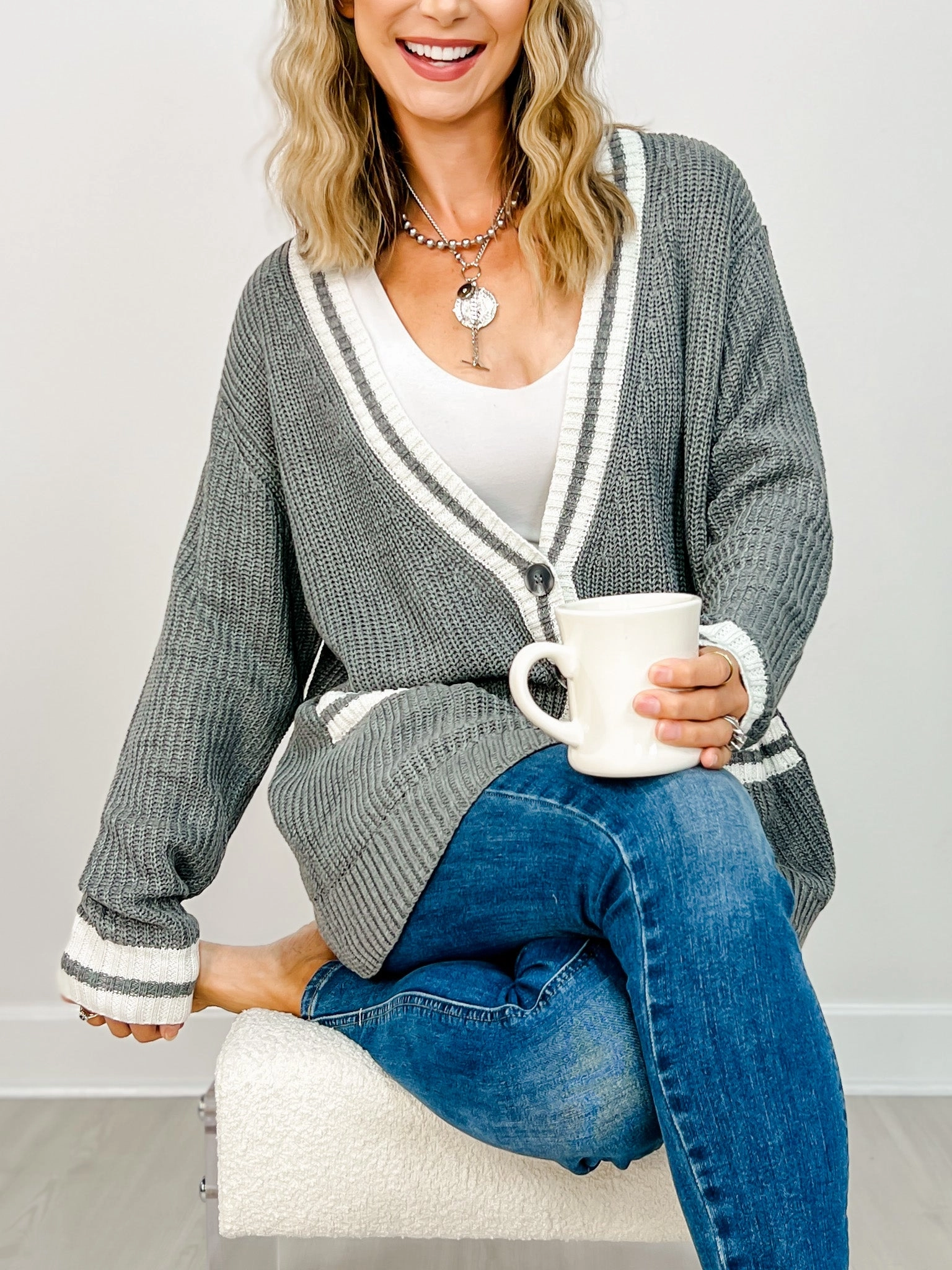 Long Sleeve Solid Knit Cardigan with Open Front Light Flex Chilly Look