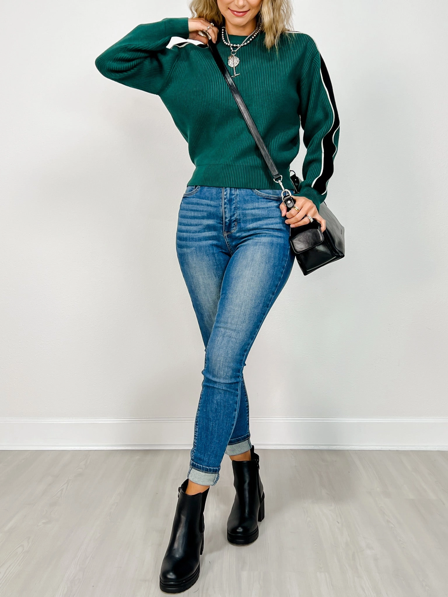 Fashion Ready Long Sleeve Solid Knit Sweater with Striped Sleeves