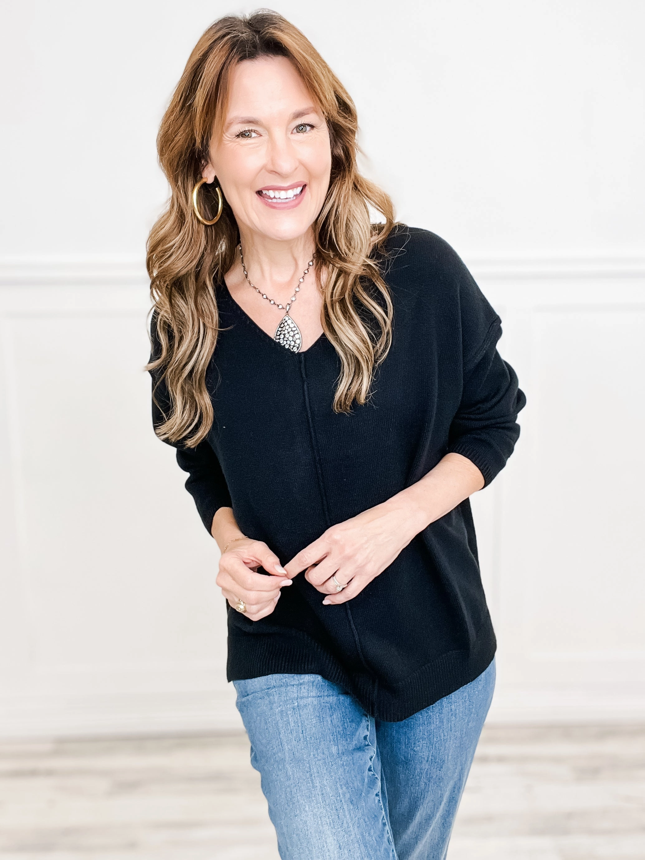 Long Sleeve Solid Knit V-Neckline Sweater with Side Slits and Hi-Lo Hem Functional Fashion