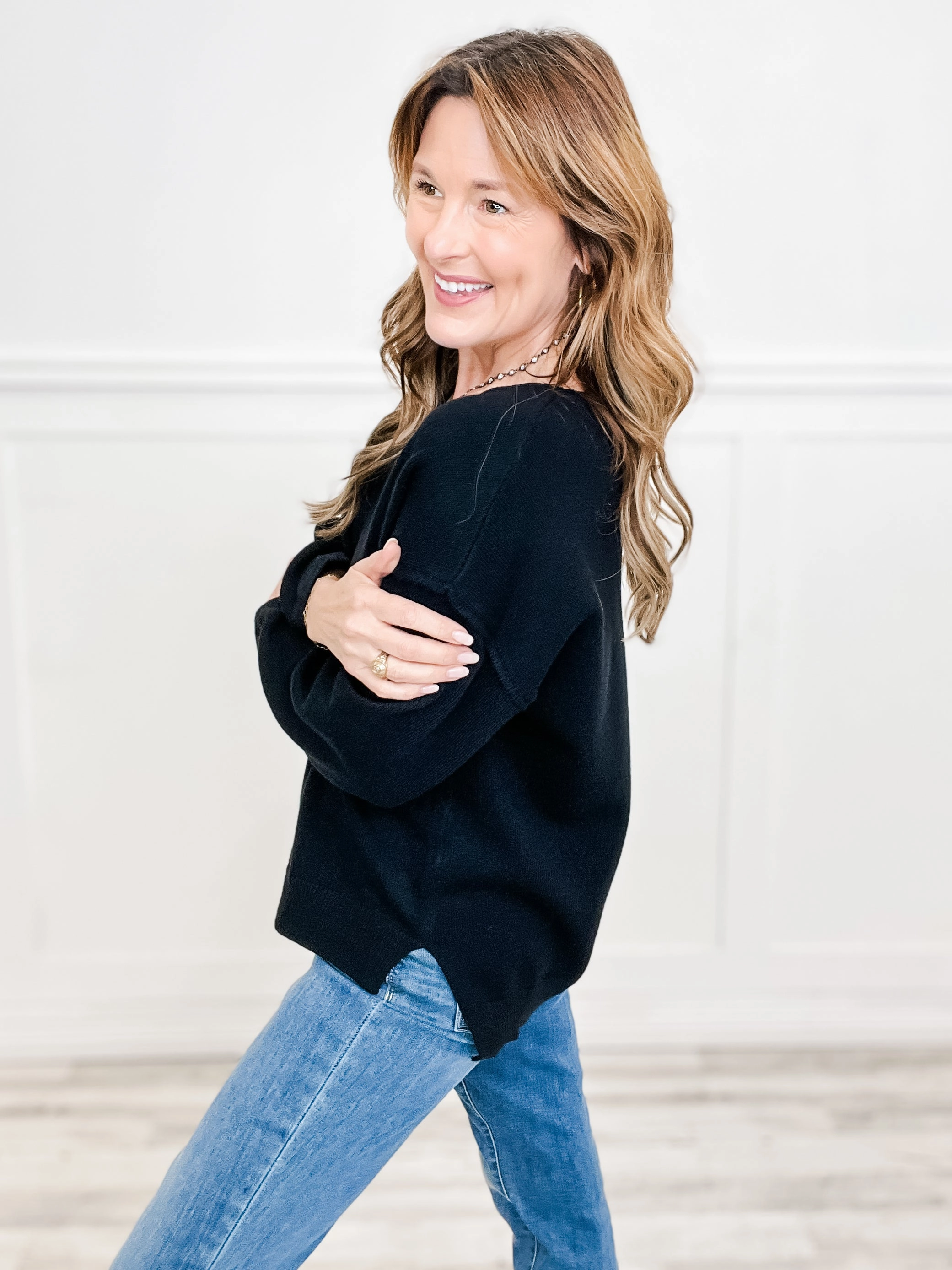 Long Sleeve Solid Knit V-Neckline Sweater with Side Slits and Hi-Lo Hem Premium Knitwear