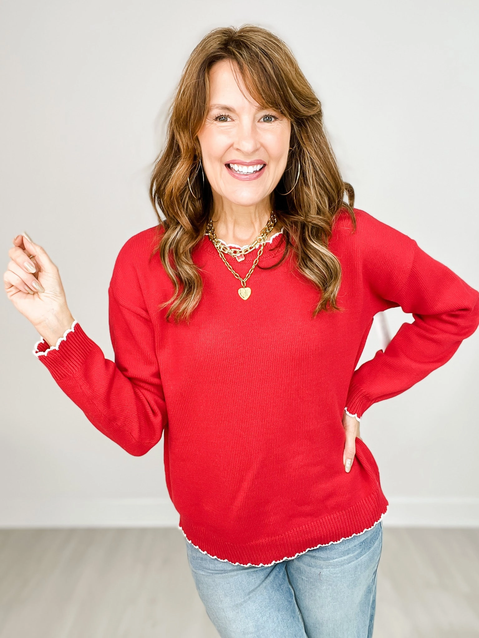 Layered Comfort Wear Long Sleeve Sweater with Contrast Scallop Details