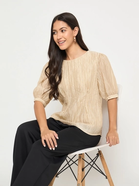 Regular Fit Madame Textured Embellished Tencel Blend Beige Top