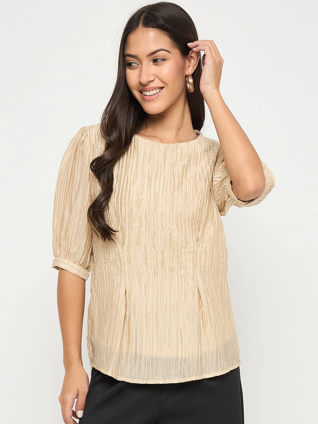 Madame Textured Embellished Tencel Blend Beige Top AllDay Comfort Tech Lightweight pullover