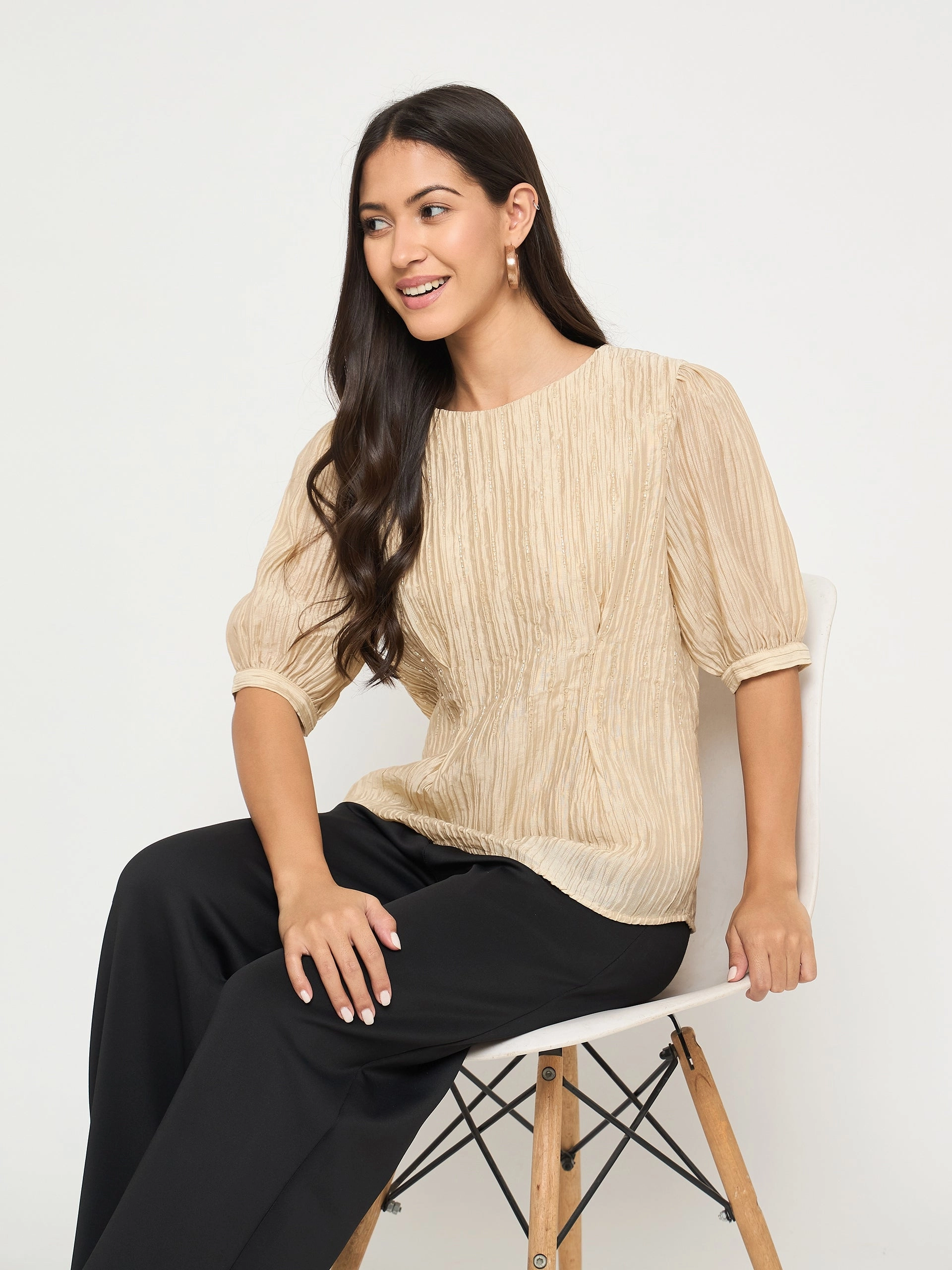 Regular Fit Madame Textured Embellished Tencel Blend Beige Top