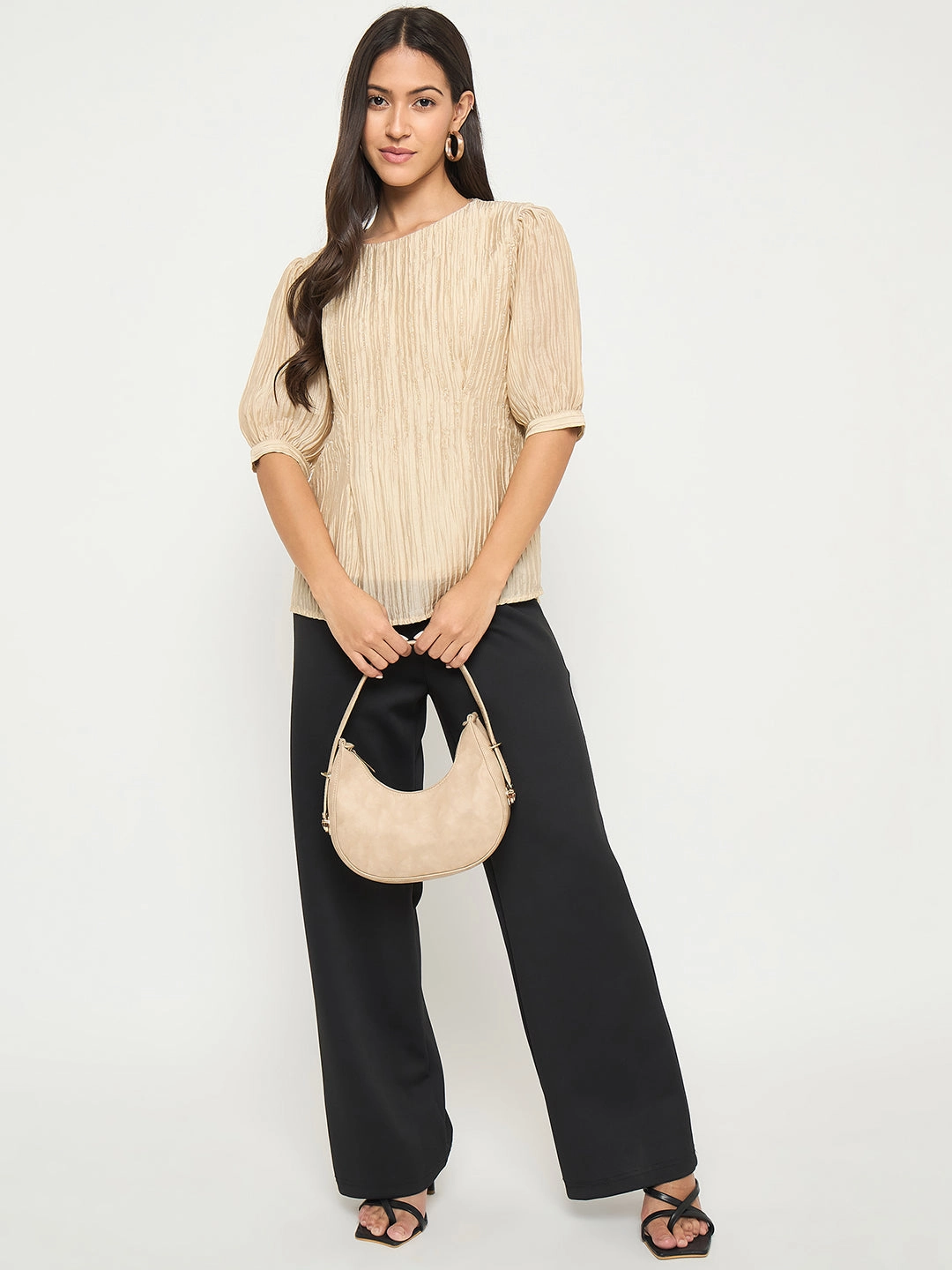 Madame Textured Embellished Tencel Blend Beige Top ReinforcedEdges