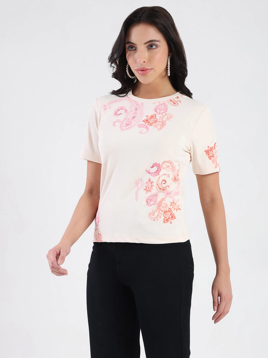 Madame Placement Sublimation Print Peach Smooth Rib T-Shirt Non Chafing Edges
