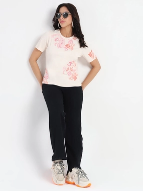 Ergonomic Shoulder Shape Stretchable Neckline Madame Placement Sublimation Print Peach Smooth Rib T-Shirt