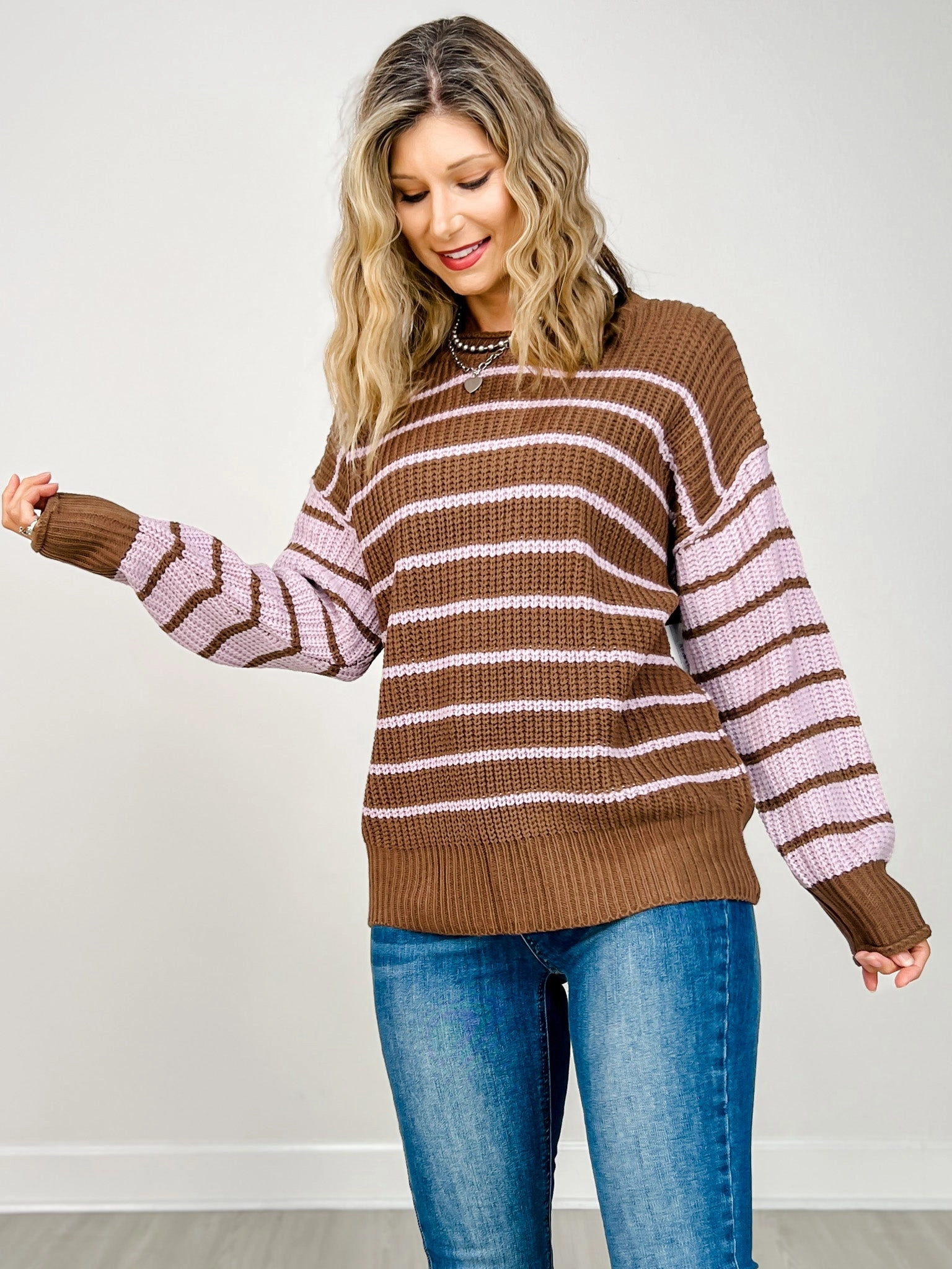 Knit Look Performance Flex Loose Fit Long Sleeve Round Neck Striped Sweater
