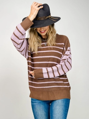 Loose Fit Long Sleeve Round Neck Striped Sweater Luxury Fiber Blend