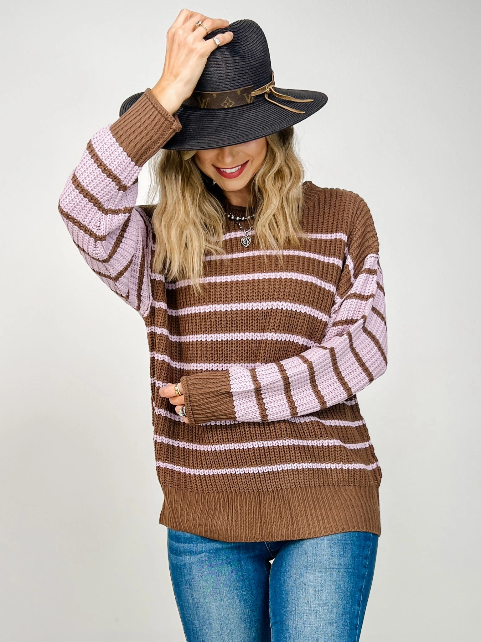 Loose Fit Long Sleeve Round Neck Striped Sweater Luxury Fiber Blend
