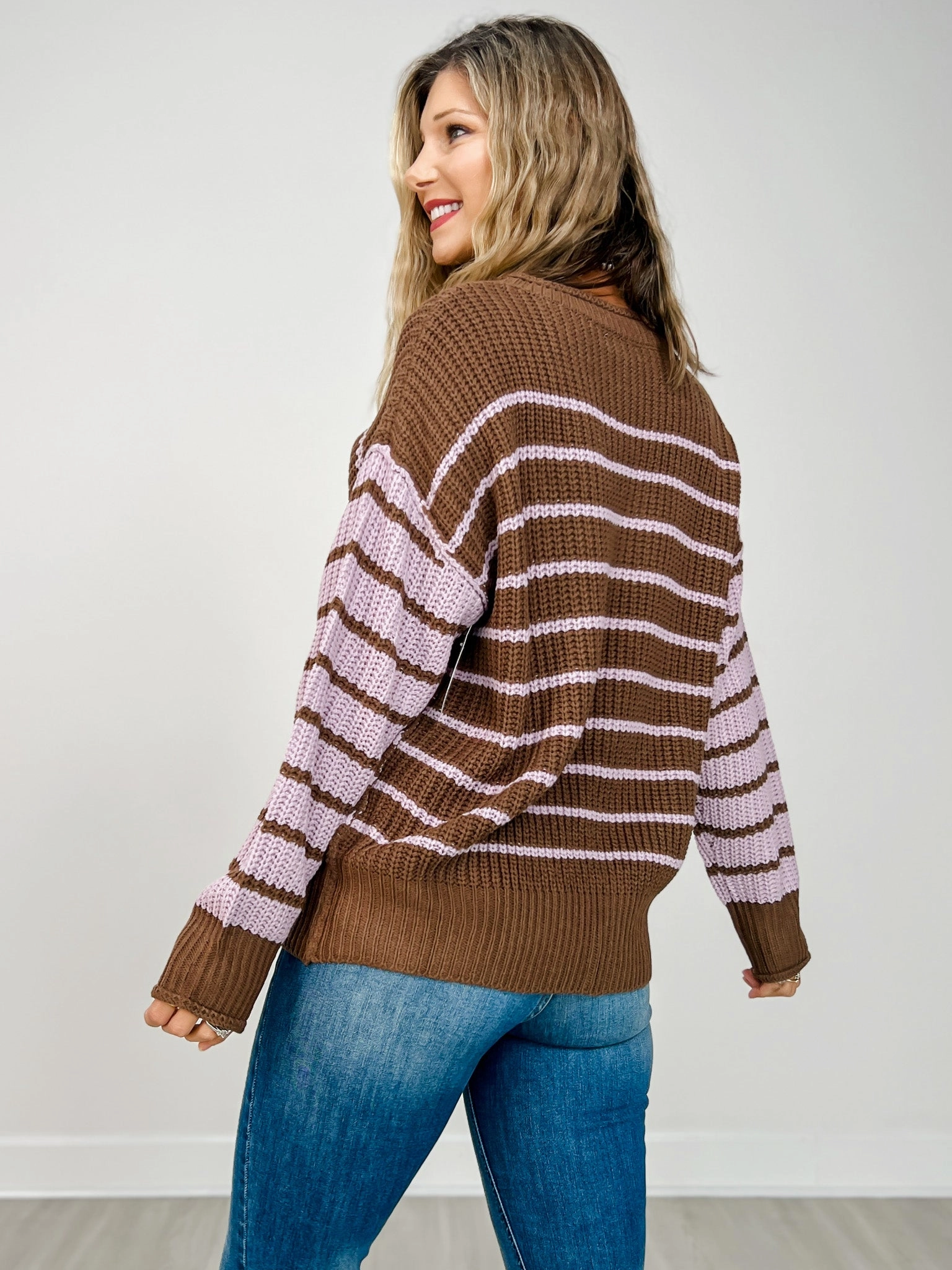 Loose Fit Long Sleeve Round Neck Striped Sweater Sophisticated Knit