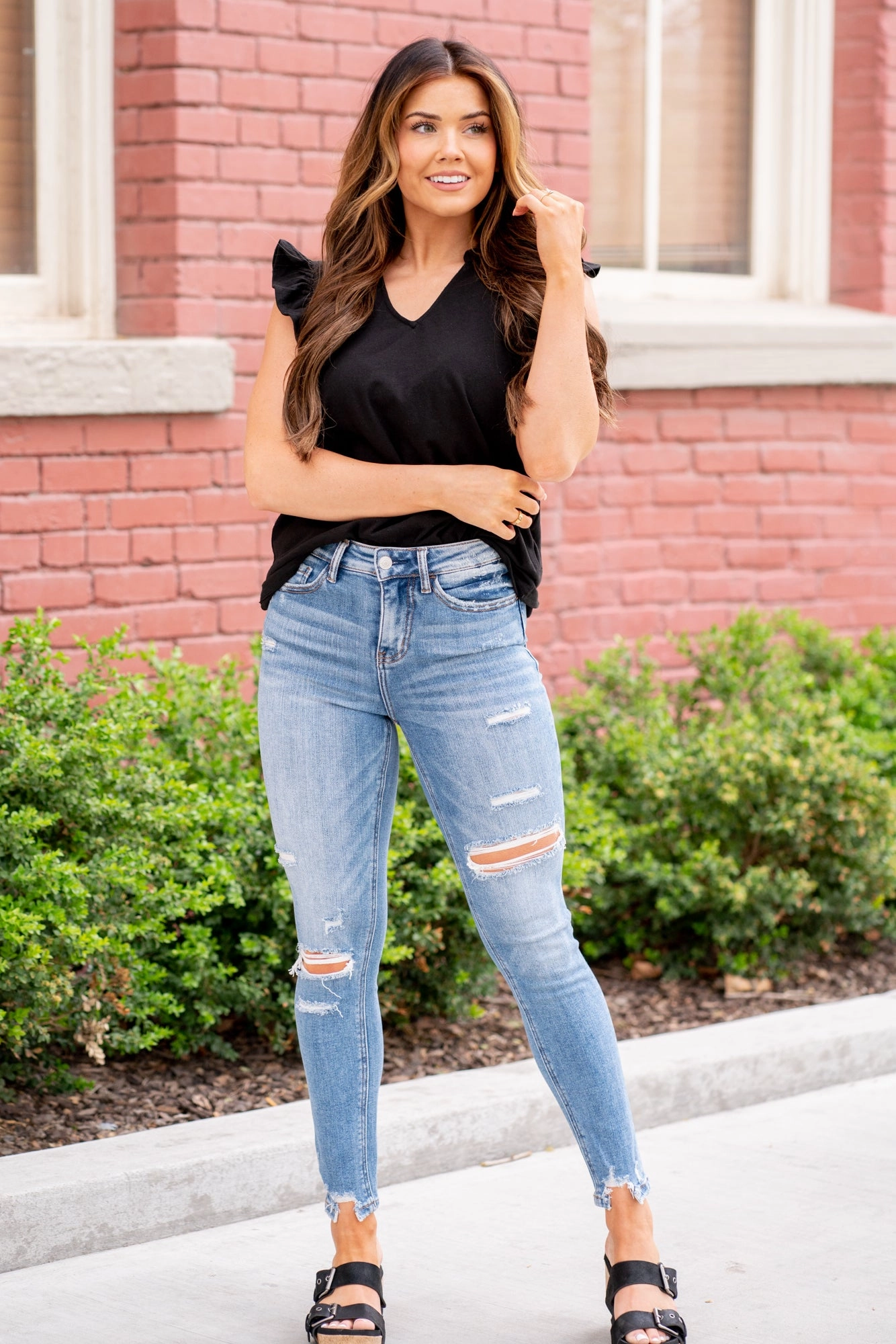 LOVERVET Gained High Rise Distressed Skinny Jeans Medium Blue Wash Contemporary Look Neutral Mood